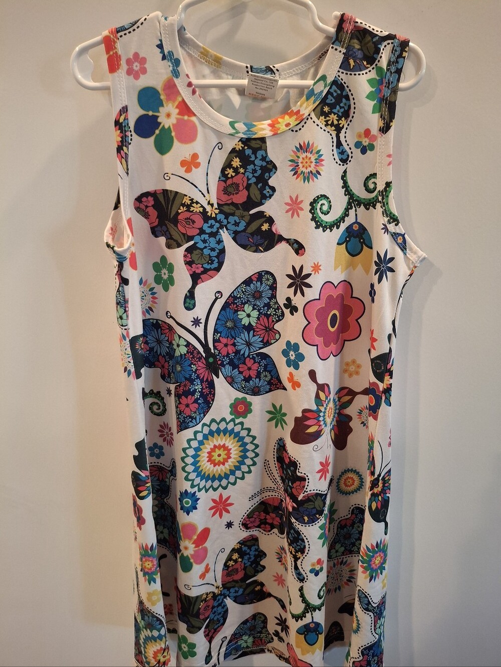 Source Unknown White Tank Dress with Multicolor Butterfly & Floral Print